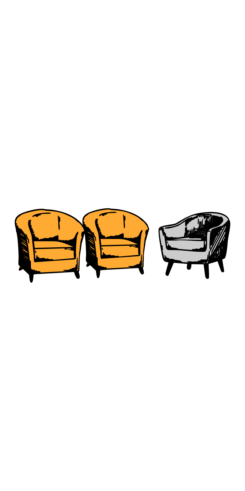 Dwa pomarańczowe fotele obok jednego szarego.